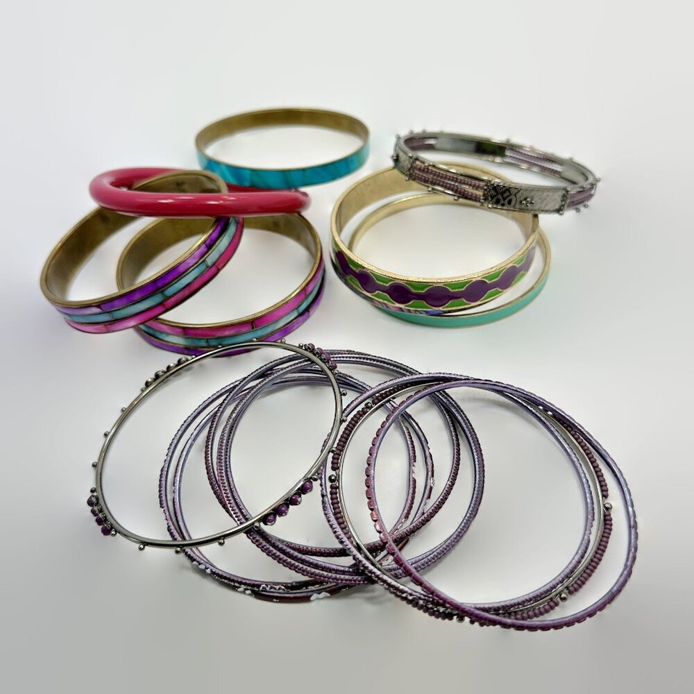 Boho Bangle Bracelet Stack: Vintage India Enamel & Shell Set (17pc) - Picture 4 of 5